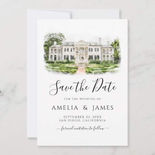 カスタム水彩会場結婚式の日付を保存 招待状 (正面)