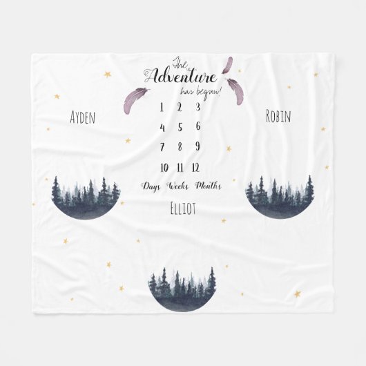 カスタム水彩冒険三つ子のマイルストーン フリースブランケット (正面(横))