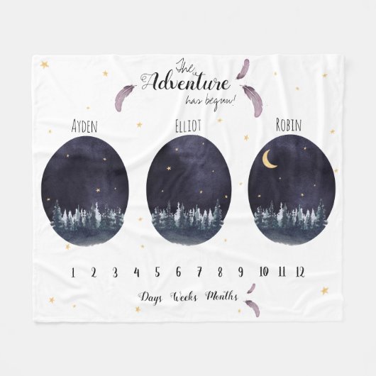 カスタム水彩冒険三つ子のマイルストーン フリースブランケット (正面(横))