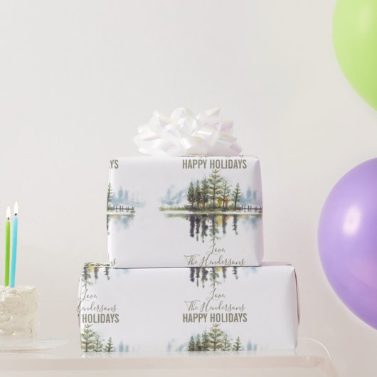 カスタム水彩冬パイングリーンツリークリスマス ラッピングペーパー (パーティーギフト)