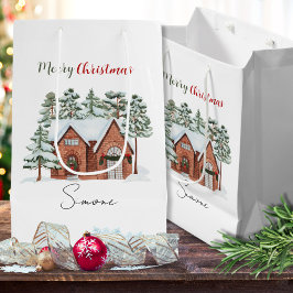 カスタム水彩北欧パインフォレストクリスマス ミディアムペーパーバッグ