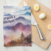 カスタム水彩山の霧の風景 キッチンタオル (四つ折り)