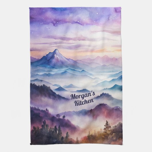 カスタム水彩山の霧の風景 キッチンタオル (縦)