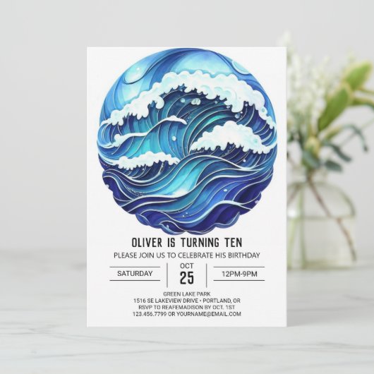 カスタム水彩波子供の誕生日 招待状 (スタンド正面)