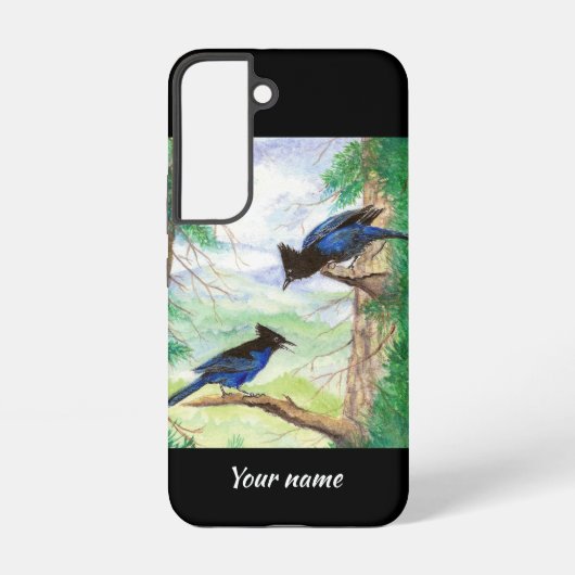カスタム水彩画 アメリカカケス 森林の木々  SAMSUNG GALAXYケース (裏面)
