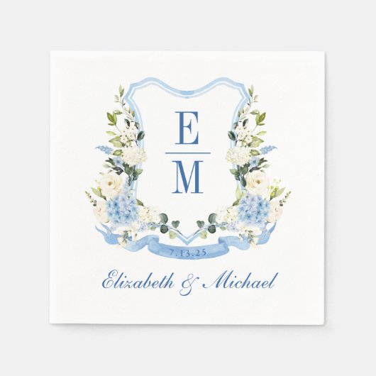 カスタム水彩紫陽花フローラクレスト結婚ズ スタンダードカクテルナプキン (正面)