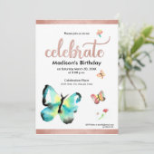 カスタム水彩蝶フォローゼゴールド誕生日 招待状 (スタンド正面)