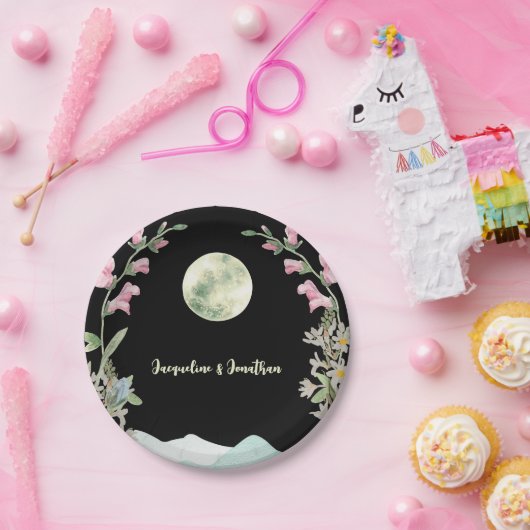 カスタム水彩野草月山結婚の ペーパープレート (パーティー)