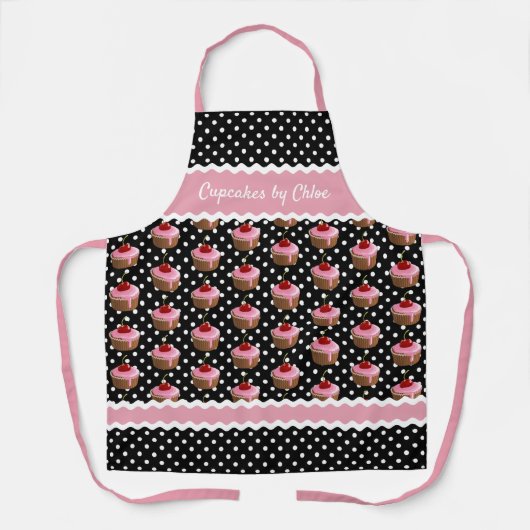 カスタム水玉模様模様の黒いピンク エプロン (正面)
