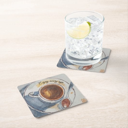 カスタム水色コーヒー紙コースター スクエアペーパーコースター (インサイチュ)