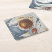 カスタム水色コーヒー紙コースター スクエアペーパーコースター (アングル)