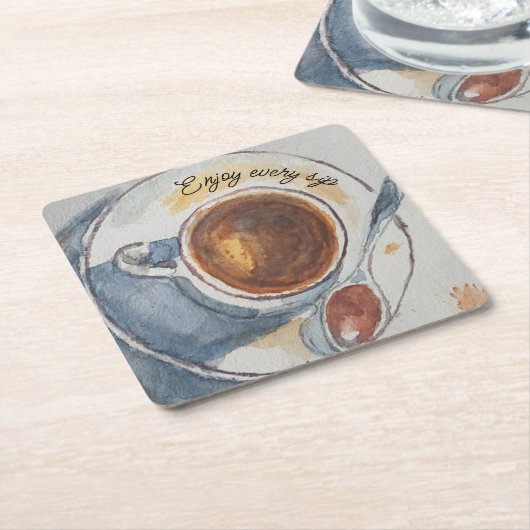 カスタム水色コーヒー紙コースター スクエアペーパーコースター (アングル)