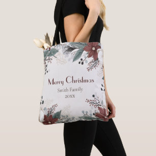 カスタム水赤と白色フローラクリスマス トートバッグ