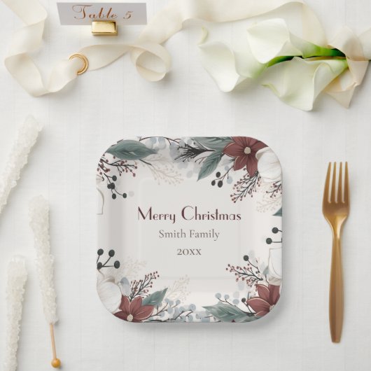 カスタム水赤と白色フローラクリスマス ペーパープレート (ウェディング)