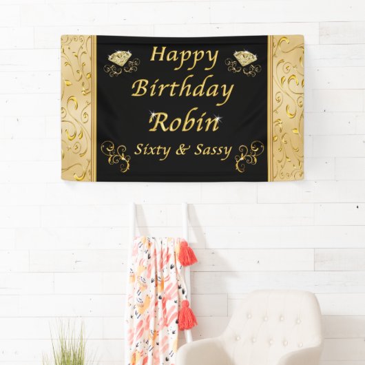 カスタム注文ブラックと金ゴールド誕生日バナー 横断幕 (インサイチュ)