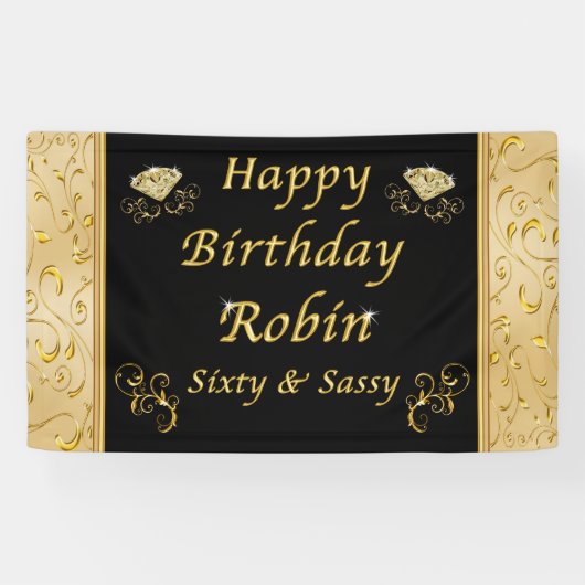 カスタム注文ブラックと金ゴールド誕生日バナー 横断幕 (横)