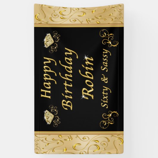 カスタム注文ブラックと金ゴールド誕生日バナー 横断幕 (縦)