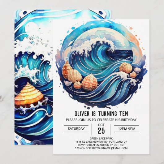 カスタム津波誕生日 招待状 (正面/裏面)