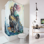 カスタム海の岩の上の水の色マーメイド シャワーカーテン