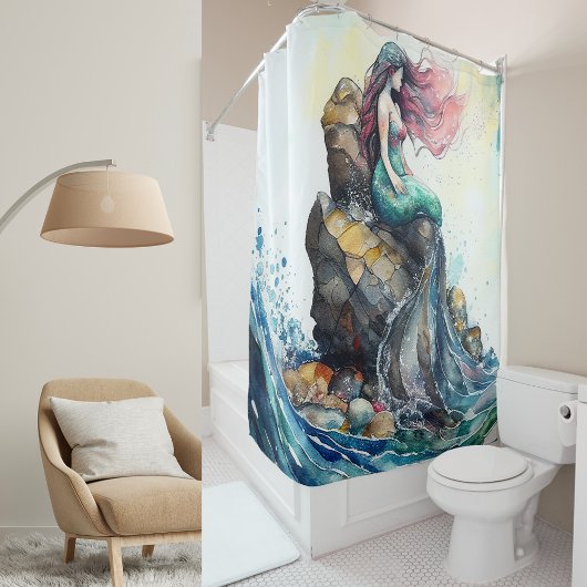 カスタム海の岩の上の水の色マーメイド シャワーカーテン