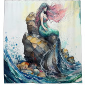 カスタム海の岩の上の水の色マーメイド シャワーカーテン (正面)