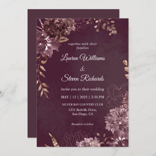 カスタム深いダークチョコレートフラワー結婚ズ 招待状 (正面/裏面)