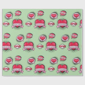 カスタム漫画ブックスタイルグリーン&赤いハートギフト ラッピングペーパー (フラット)