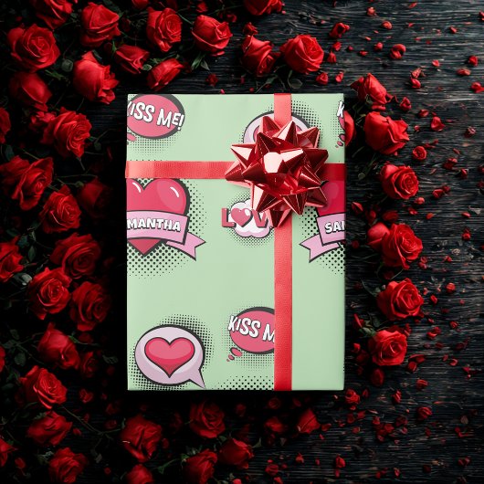 カスタム漫画ブックスタイルグリーン&赤いハートギフト ラッピングペーパー