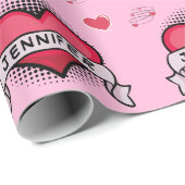 カスタム漫画ブックスタイルピンクハートギフト ラッピングペーパー (ロールコーナー)