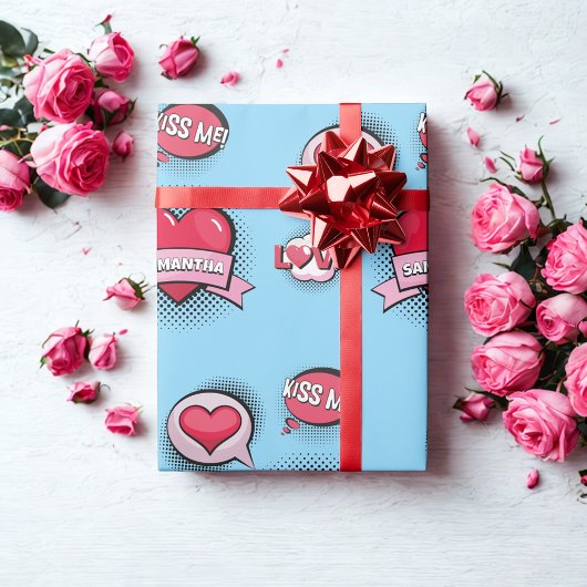 カスタム漫画ブックスタイルブルー&赤いハートギフト ラッピングペーパー