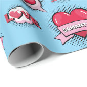 カスタム漫画ブックスタイルブルー&赤いハートギフト ラッピングペーパー (ロールコーナー)