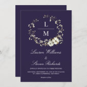 カスタム濃い濃い濃いネイビーブルー白い花結婚の花 招待状 (正面/裏面)