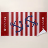 カスタム濃い赤の白い名門私立校風のストライプ ビーチタオル (正面)