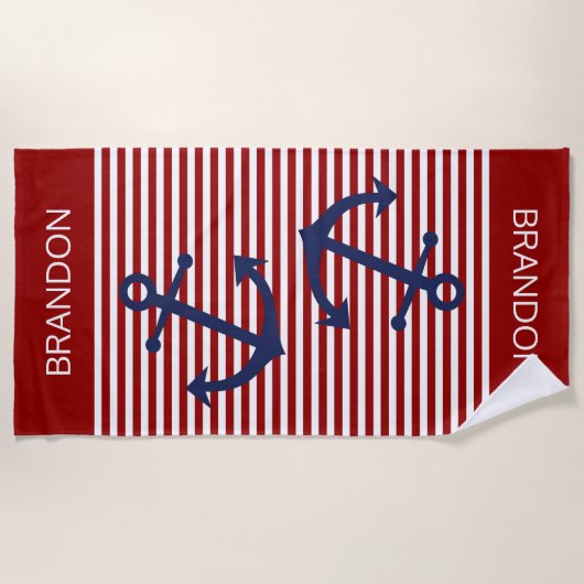 カスタム濃い赤の白い名門私立校風のストライプ ビーチタオル (正面)