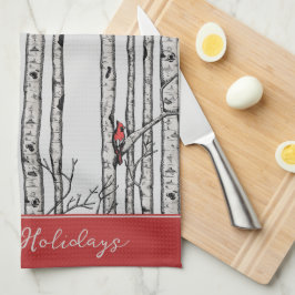 カスタム灰色樺の木の木と赤（鳥）ショウジョウコウカンチョウの鳥 キッチンタオル