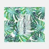 カスタム熱帯エレガント緑のハワイリーフ フリースブランケット (正面(横))