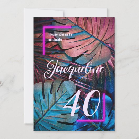 カスタム熱帯葉ネオンピンク40歳の誕生日 招待状 (正面)