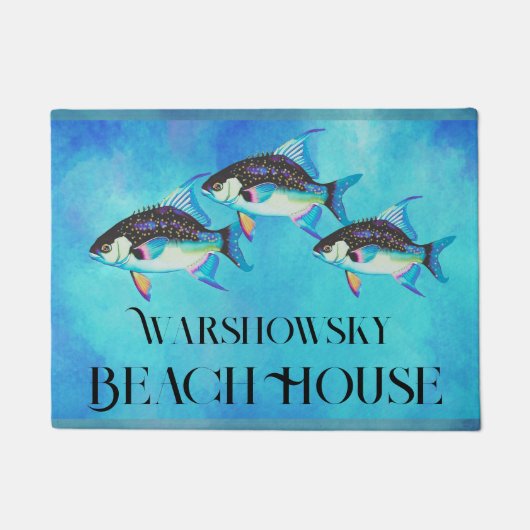 カスタム熱帯魚の水彩沿岸アクアブルー ドアマット (正面)