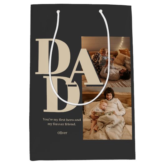 カスタム父の日フォトコラージュ | パパ文字 –  ミディアムペーパーバッグ (正面)