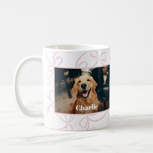 カスタム犬の写真と名前ライトピンクの弓パターン コーヒーマグカップ (左)