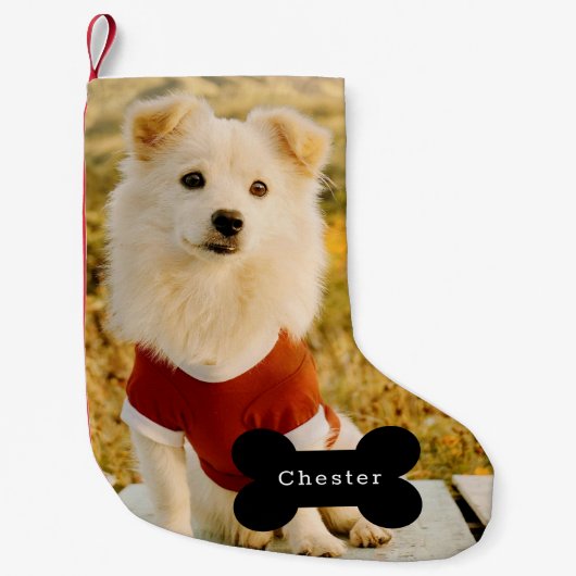 カスタム犬の写真と名前入り スモールクリスマスストッキング (正面)