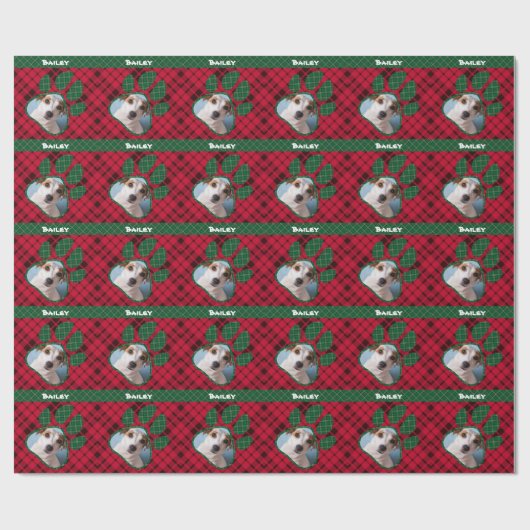 カスタム犬の写真と名前、緑のバッファローペットポーウ ラッピングペーパー (フラット)