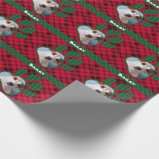 カスタム犬の写真と名前、緑のバッファローペットポーウ ラッピングペーパー (角)