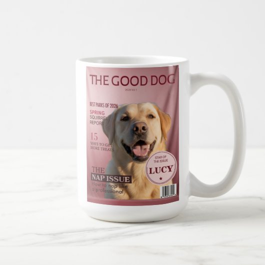 カスタム犬の写真雑誌表紙 ピンクのモノグラム コーヒーマグカップ (右)