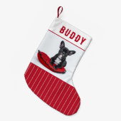 カスタム犬の名前と写真パーソナライズされた スモールクリスマスストッキング (正面 (吊り時))
