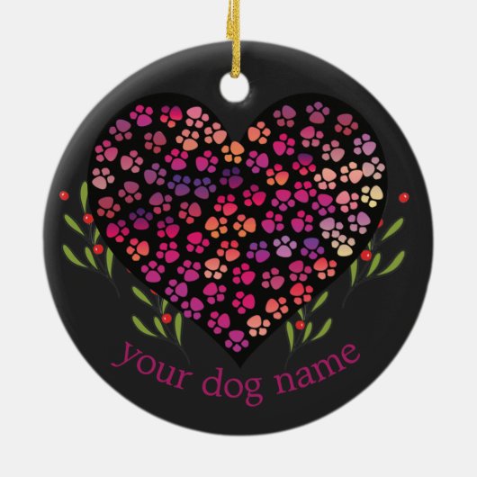 カスタム犬の名前、犬の足のハート葉 セラミックオーナメント (裏面)