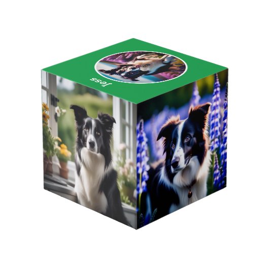 カスタム犬の恋人ギフト緑の名前の写数々の真 フォトキューブ (裏面アングル)
