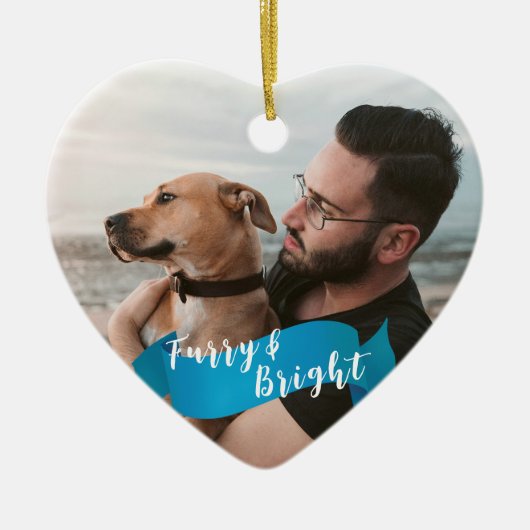 カスタム犬の猫の写真ハッピーPawlidays Blue セラミックオーナメント (正面)