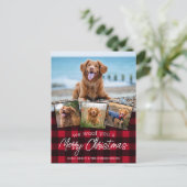 カスタム犬ペット写真コラージュ赤バッファロープレイド シーズンポストカード (スタンド正面)