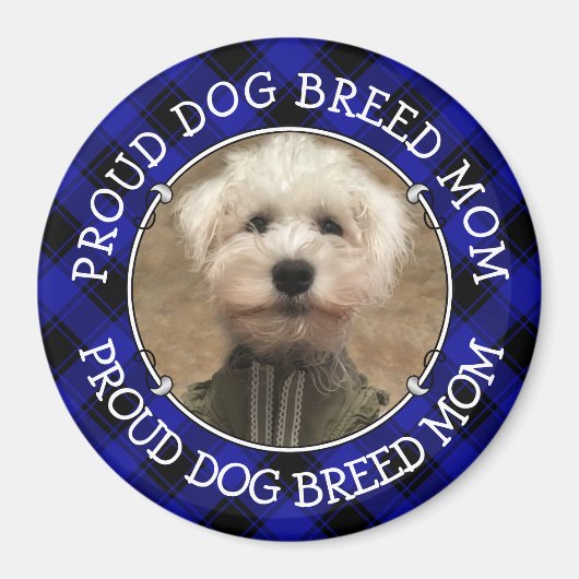 カスタム犬ママパパフォトフレームブルー&ブラックプレイド マグネット (正面)